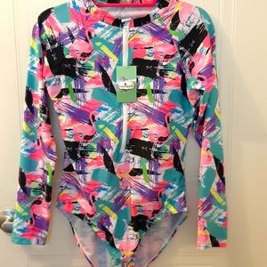 Athletic long-sleeved swimsuit. Flamingo.